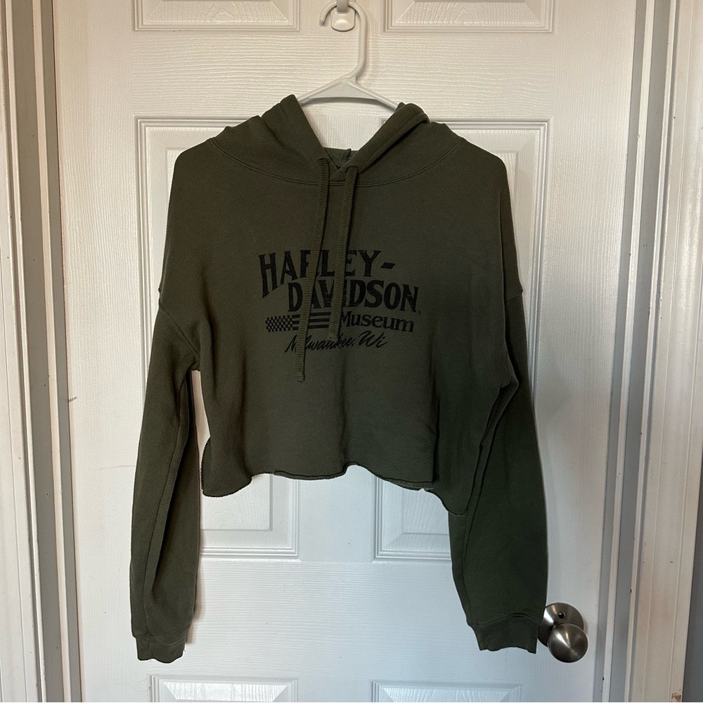 Harley-Davidson Olive Green Cropped Hoodie Sweatshirt - Picture 2 of 5